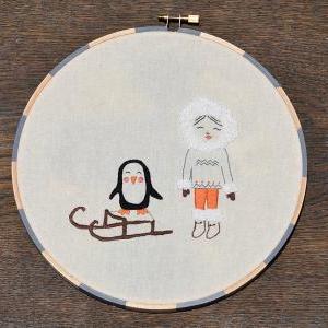 Eskimo With Penguin On Sleigh, Inuit, Hand..
