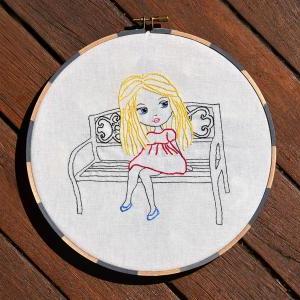 Girl Sitting On Park Bench, Hand Embroidery Pdf..