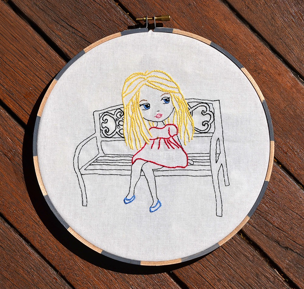 Girl Sitting On Park Bench, Hand Embroidery Pdf Pattern